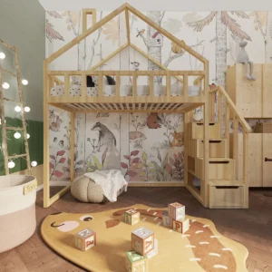 Łóżko domek antresola ze schodkami i szufladami z boku - naturalne drewno